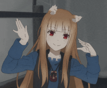 a girl with a cat ear on her head is waving