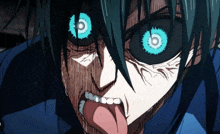 a close up of a person 's face with blue eyes sticking out their tongue