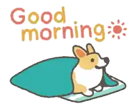 a cartoon of a corgi wrapped in a blanket with the words " good morning " above it