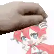 a hand is putting a red haired anime girl on top of a white background .
