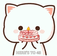 a cartoon cat is eating a birthday cake with a candle .