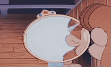 a cartoon character is looking in a mirror