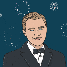 a man in a suit is holding a glass of champagne