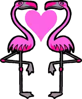 two pink flamingos are standing next to each other with a pink heart between them