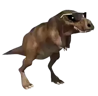 a blue dinosaur wearing sunglasses on its head