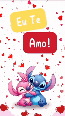 a picture of stitch and angel hugging with the words eu te amo on top