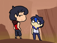 two cartoon characters standing next to each other with one looking up