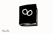 a black and white drawing of a book with an infinity symbol on the cover