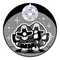 a black and white cartoon of two robots standing under a disco ball