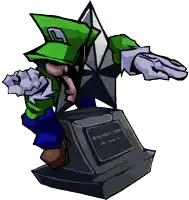 a cartoon drawing of a man in a green hat standing next to a statue