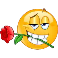 a smiley face is holding a red rose in his mouth
