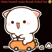 a cartoon of a cat riding a toy car with the words " hato haweli walo break failed hai " written below it