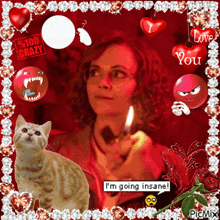 a picture of a woman holding a lighter and a cat with the words i 'm going insane at the bottom