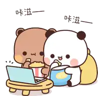 a cartoon of two bears eating popcorn and watching a laptop