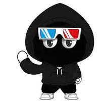 a cartoon character wearing 3d glasses holds up a red uno card
