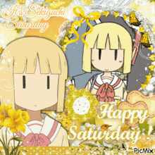 a picture of a girl with the words happy saturday written on it