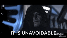 a man in a black hood is standing in front of a sign that says it is unavoidable .