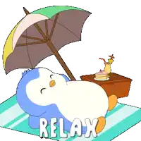 a penguin is laying on a blanket under an umbrella with the word relax below him