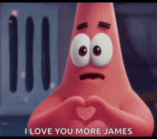 patrick star from spongebob squarepants is making a heart with his hands .