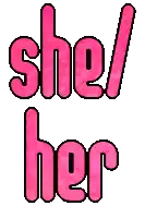 a pixel art of the words she / her on a white background