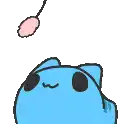 a cartoon drawing of a blue cat with black eyes and a pink nose .