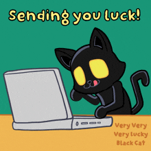 a black cat is sitting at a desk with a laptop and the words sending you luck