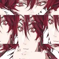 a close up of a person 's face with red hair and red eyes