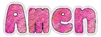 the word amen is written in pink with a white border