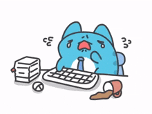 a blue cat is sitting at a desk with a computer keyboard