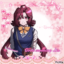 a picture of a girl with the words " good morning lia " on it