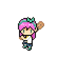 a pixel art drawing of a girl with pink hair and a bow