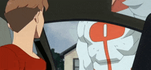 a man in a red shirt is looking out of a car window at a man in a white suit with the letter o on his chest