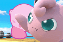 a close up of a pink cartoon character 's face