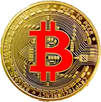 a gold coin with a red b on it