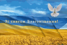 a dove is flying over a field of wheat with a blue and yellow flag in the foreground