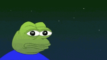 a cartoon frog with big eyes and a blue shirt is looking at the stars in the sky .