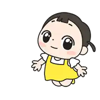 a cartoon of a little girl in a yellow dress giving a peace sign with a star above her head .