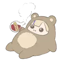 a drawing of a teddy bear holding a bottle of copum