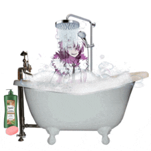 a person is taking a shower in a bathtub next to a bottle of sante