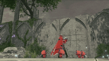 a video game character stands in front of a stone wall