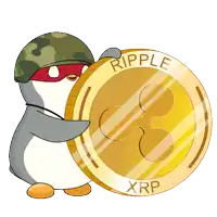 a penguin wearing a mask is holding a ripple coin