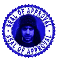 a seal of approval stamp with a man in a hat