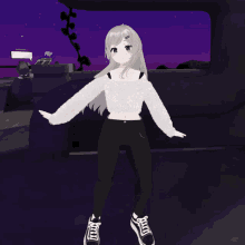 a girl in a white top and black pants is standing in front of a purple background