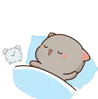 a cartoon cat is sleeping in a bed with an alarm clock .