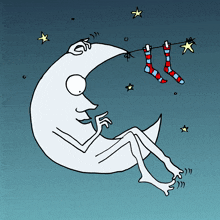 a cartoon of a person sitting on a crescent moon with socks hanging from it