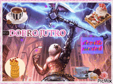 a picture of a sloth holding a hammer with the words " dobro jutro " on it