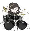 a cartoon girl is playing drums in a band .