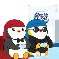 two penguins are playing a video game with a mug that says ' be ' on it